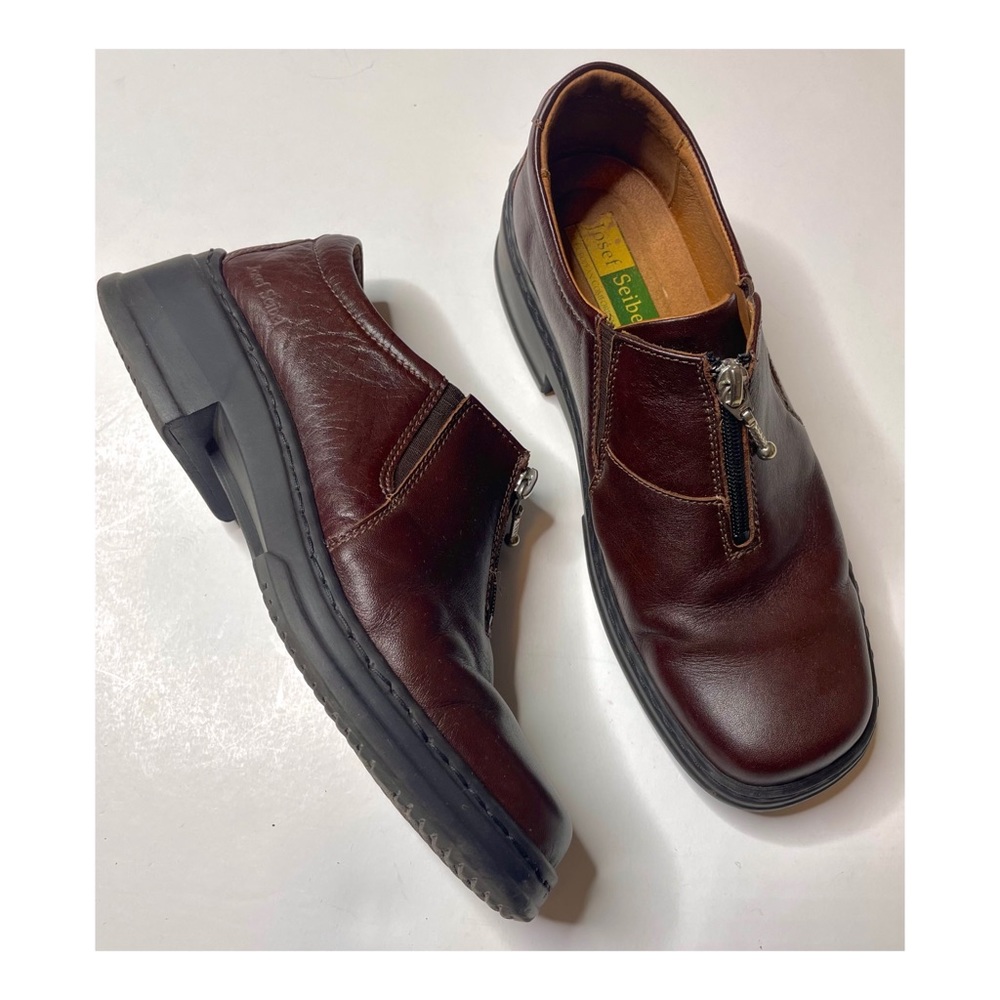 Joseph Seibel Burgundy Brown Leather Square Toe Zip Up Chunky Loafers